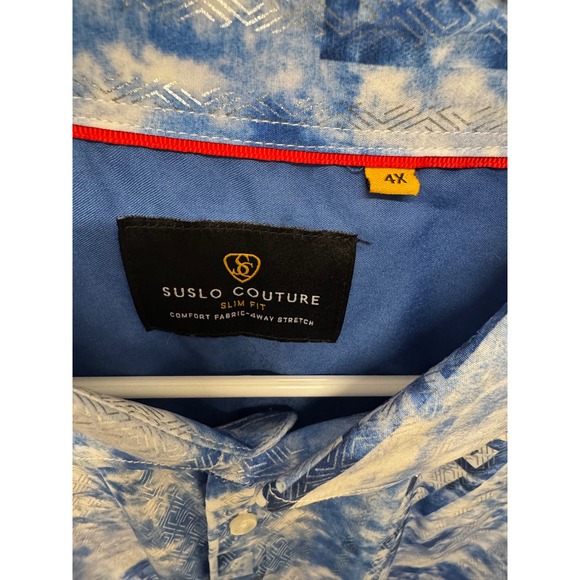 Suslo Couture Mens 4X Blue Tie Dye Silver Metallic Greek Key Slim Fit Shirt - Picture 4 of 8